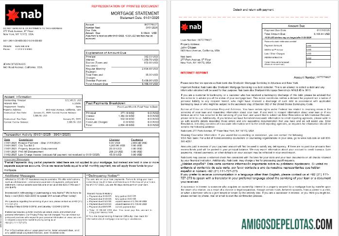 Extrato de hipoteca do USA Nab Bank em formatos Word e PDF, 3 páginas 1 2 baixar para verificação